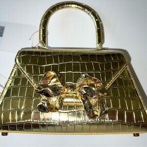 Self Portrait Elegant Gold Crocodile-Embossed Mini Bag with Bow